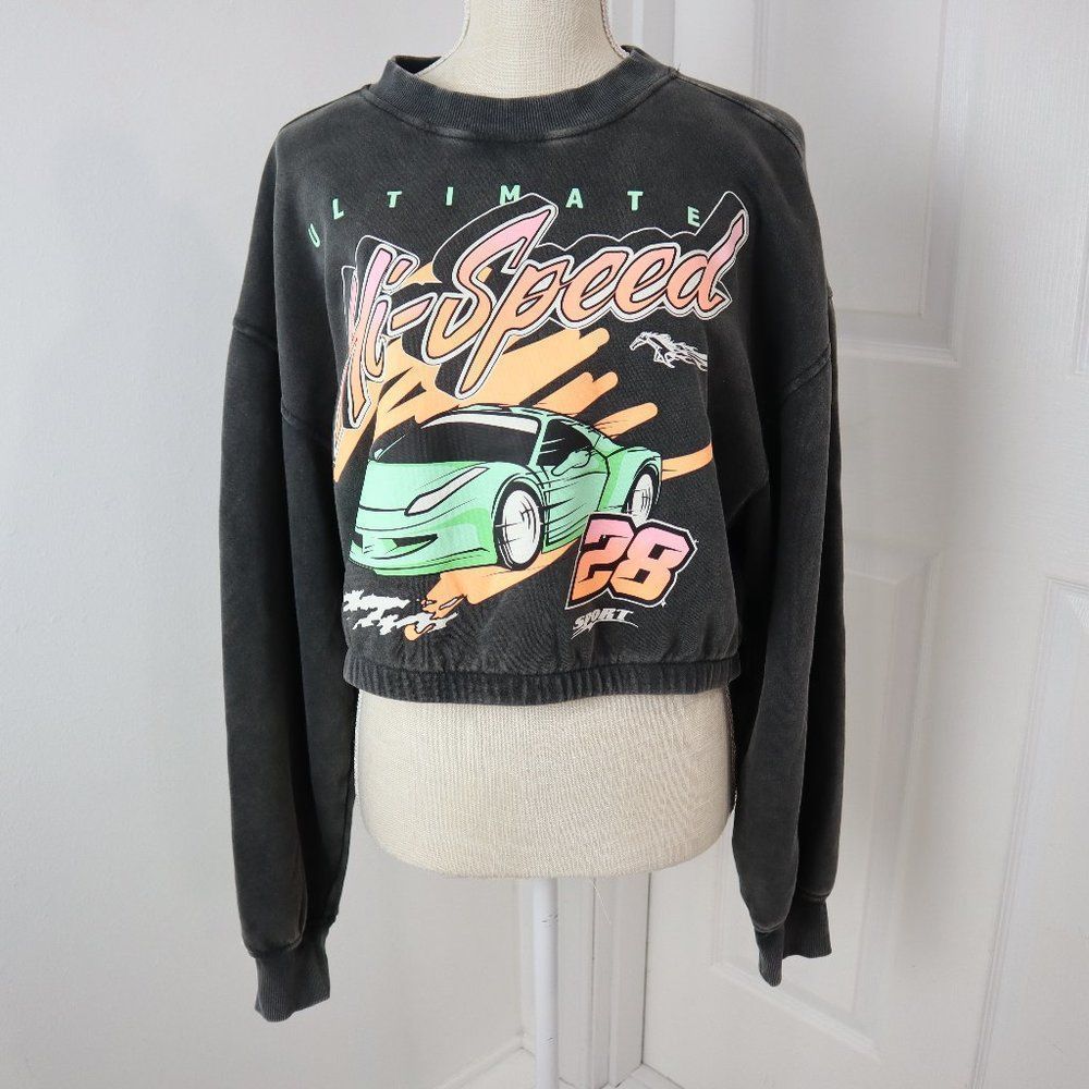 Divided HM Sweatshirt Womens Large Gray Cropped 80s Retro Car Racing Hi Speed - Picture 1 of 14